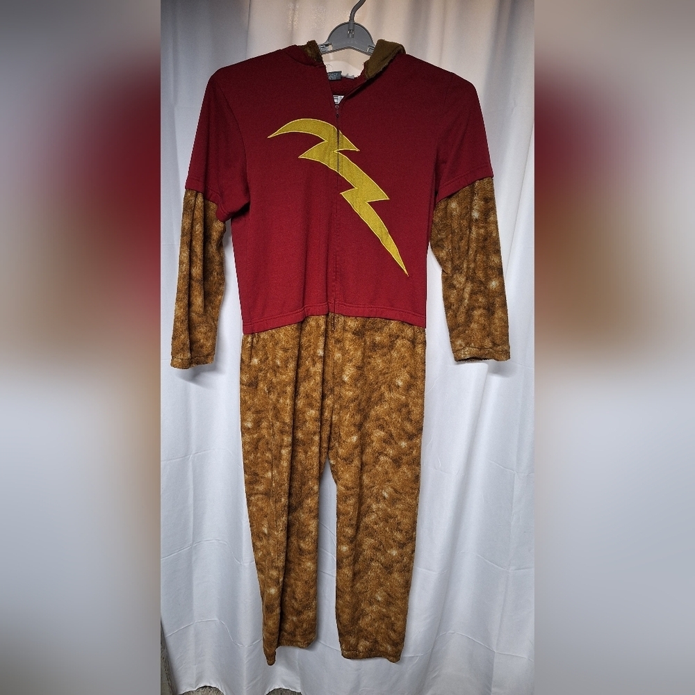 Brown and Red Sloth Costume with Lightning Bolt Design .